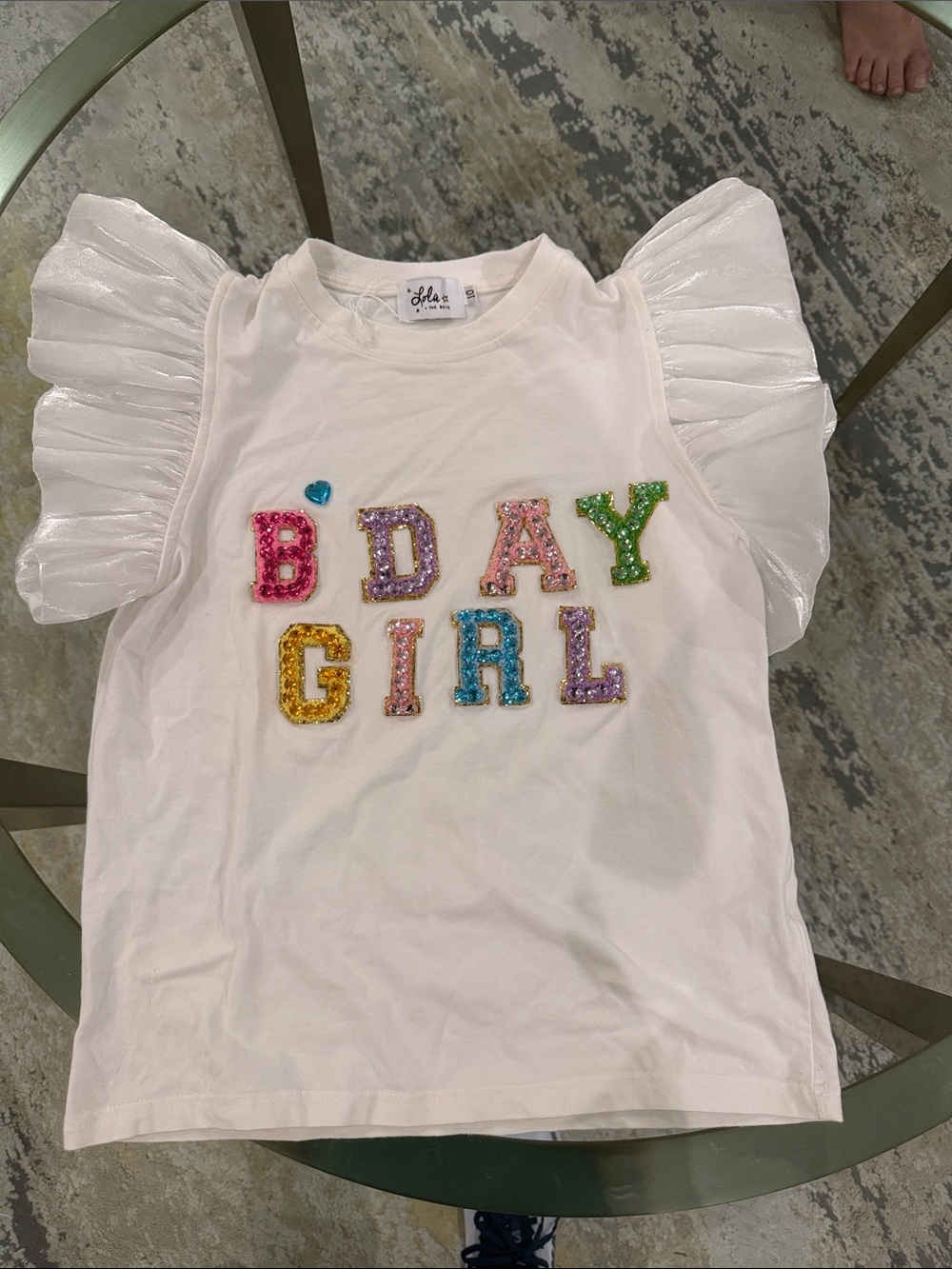 Lola + The Boys White Sequin 'B'DAY GIRL' Tee with Shimmer Sleeves